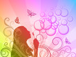 Rainbow background with girl silhouette blowing soap bubbles Rainbow background with girl silhouette blowing soap bubbles