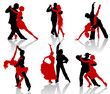 Silhouettes of the pairs dancing ballroom dances. Tango.
