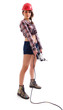 girl holding a big drill