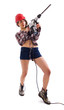 girl with red helmet holding a drill