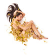 Young beautiful nude woman with yellow eaves wrapped around