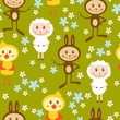 Seamless pattern with sheeps, rabbits and chickens