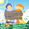 Snowboarder and skier sitting on the lift Snowboarder and skier sitting on the lift