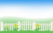 Grass and fence under blue sky.