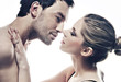 portrait of handsome couple gently kissing