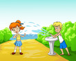 Kids play with water in summer day