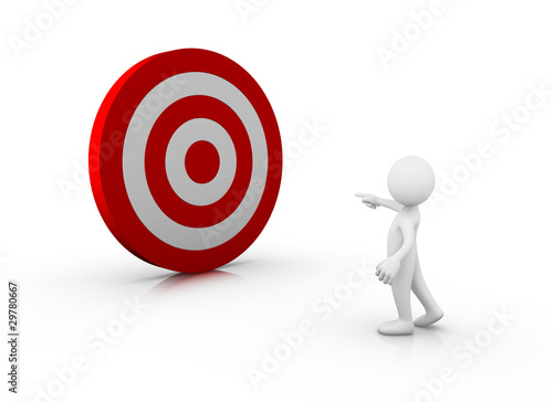 Illustration: Here is the target! Man pointing at a big target Here is the target! Man pointing at a big target