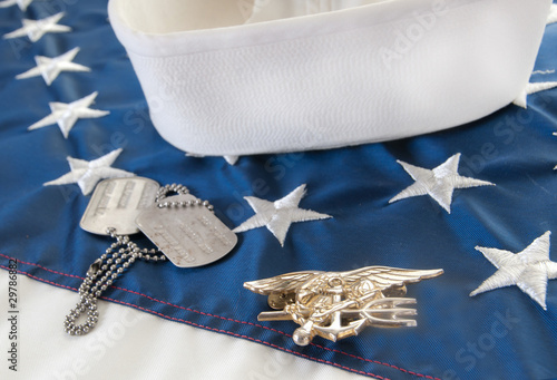 Photo: Navy SEAL trident on flag Navy SEAL trident on flag