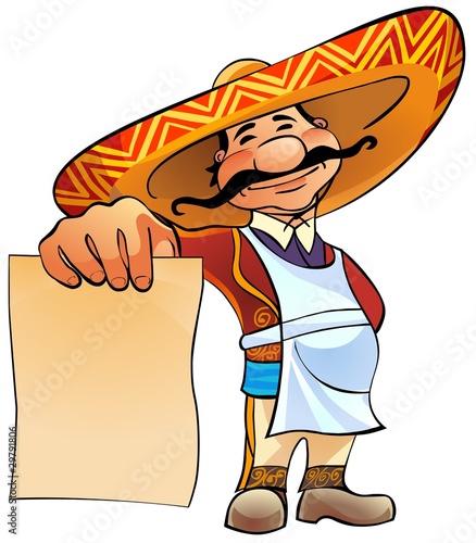 Illustration: happy Mexican chief holds in hand a blank sheet of paper happy Mexican chief holds in hand a blank sheet of paper