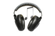 Black professional headphones and music isolated on white