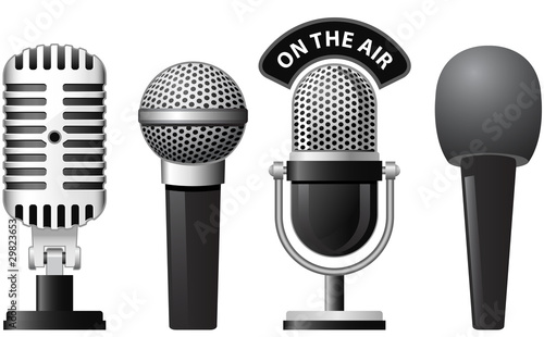 Illustration: Set of retro and modern microphones in different styles Set of retro and modern microphones in different styles