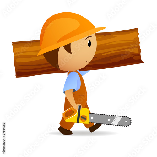 Vector: Cartoon woodcutter with chain-saw and trunk Cartoon woodcutter with chain-saw and trunk