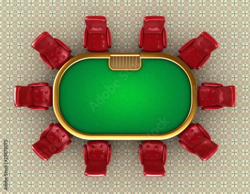 Illustration: Poker table with chairs top view Poker table with chairs top view