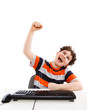 Boy using computer isolated on white background