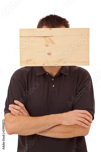 Photo: Mann mit Denkblockade - Brett vorm Kopf Mann mit Denkblockade - Brett vorm Kopf