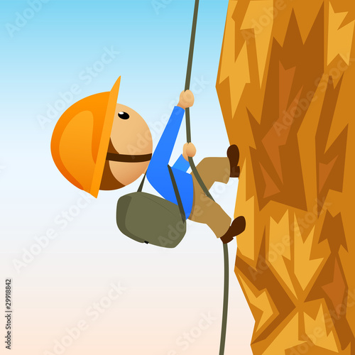 Vector: Cartoon rock climber on vertical cliffside Cartoon rock climber on vertical cliffside