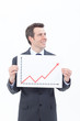 Smiling businessman holding ascending line chart