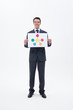Smiling businessman holding molecule symbol