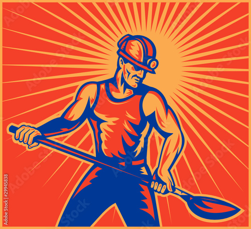 Vektor: Coal miner at work with shovel front view Coal miner at work with shovel front view
