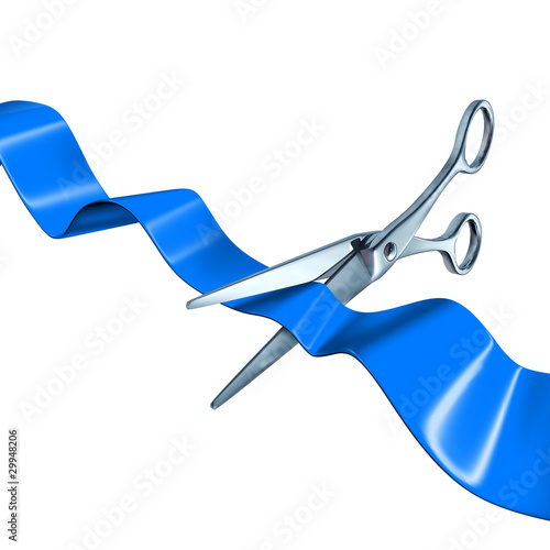 Photo: cutting the ribbon blue isolated on white cutting the ribbon blue isolated on white