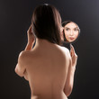 a beauty image of a young woman looking into a mirror, smiling, a beauty image of a young woman looking into a mirror, smiling,