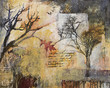 Mixed media painting with trees and oak leaf