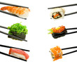 Sushi with chopsticks isolated over white background