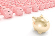 Golden piggy bank facing hundreds of other piggy banks