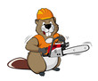 Beaver wearing a helmet and holding a chain saw