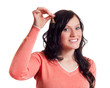 Young pretty lady ringing the bell on time with white background
