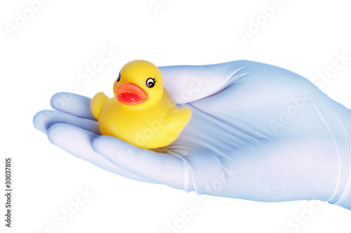Photo: Holding toy duck with protective gloved hand Holding toy duck with protective gloved hand