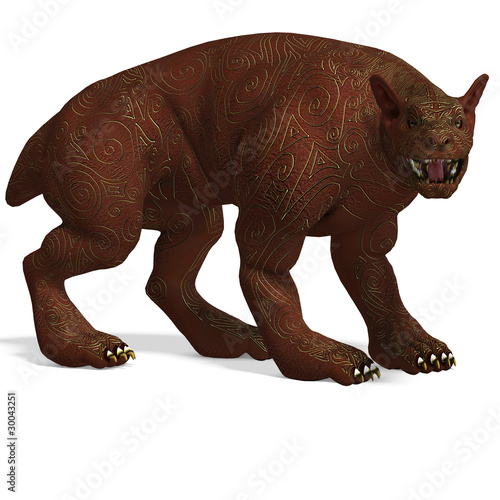 Illustration: mythologic dog creature with golden skin. 3D rendering with mythologic dog creature with golden skin. 3D rendering with