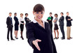 Isolated business team, focus on woman with handshake gesture Isolated business team, focus on woman with handshake gesture