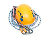 carabiners, orange helmet and rope