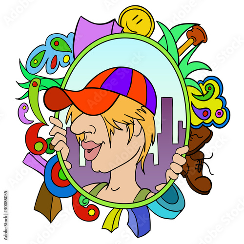 Vector: Cartoon teen in cap with abstract urban background Cartoon teen in cap with abstract urban background