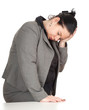 overweight, fat businesswoman suffering from pain, headache