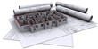 built walls of a house on construction drawings