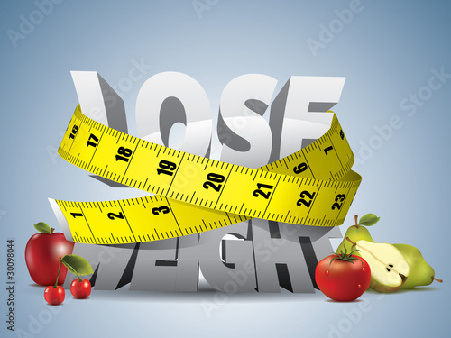 Vector: Lose weight text with measure tape and fruits Lose weight text with measure tape and fruits