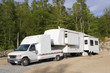 Fifth wheel trailer parked at a campground Fifth wheel trailer parked at a campground
