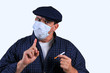 Man with breathing mask cautioning users of cigarettes