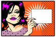 Pop art comic Love Vector of surprised woman face with blank in