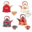 Tea set of pots and cups with floral pattern Tea set of pots and cups with floral pattern