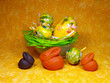Easter decoration with eggs and ceramic bunnies