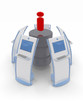 Rendered concept of a database with kiosk computers.