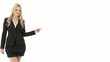 Woman points at copyspace