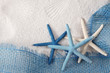 White and blue sea stars on sand