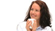 Woman drinking a cup of coffee against a white background