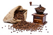 Coffee beans sack with scattered beans and wooden coffee-grinder Coffee beans sack with scattered beans and wooden coffee-grinder