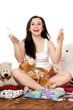 Happy girl blow bubbles. Isolated