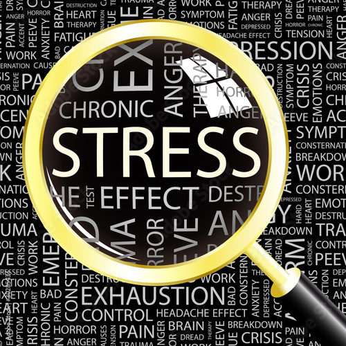Vector: STRESS. Magnifying glass over different association terms. STRESS. Magnifying glass over different association terms.